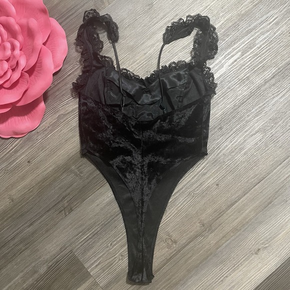 VTG 90s Y2K VICTORIAS SECRET Bodysuit Sz S Black Velvet Lace Ribbon Whimsigoth - Picture 6 of 11